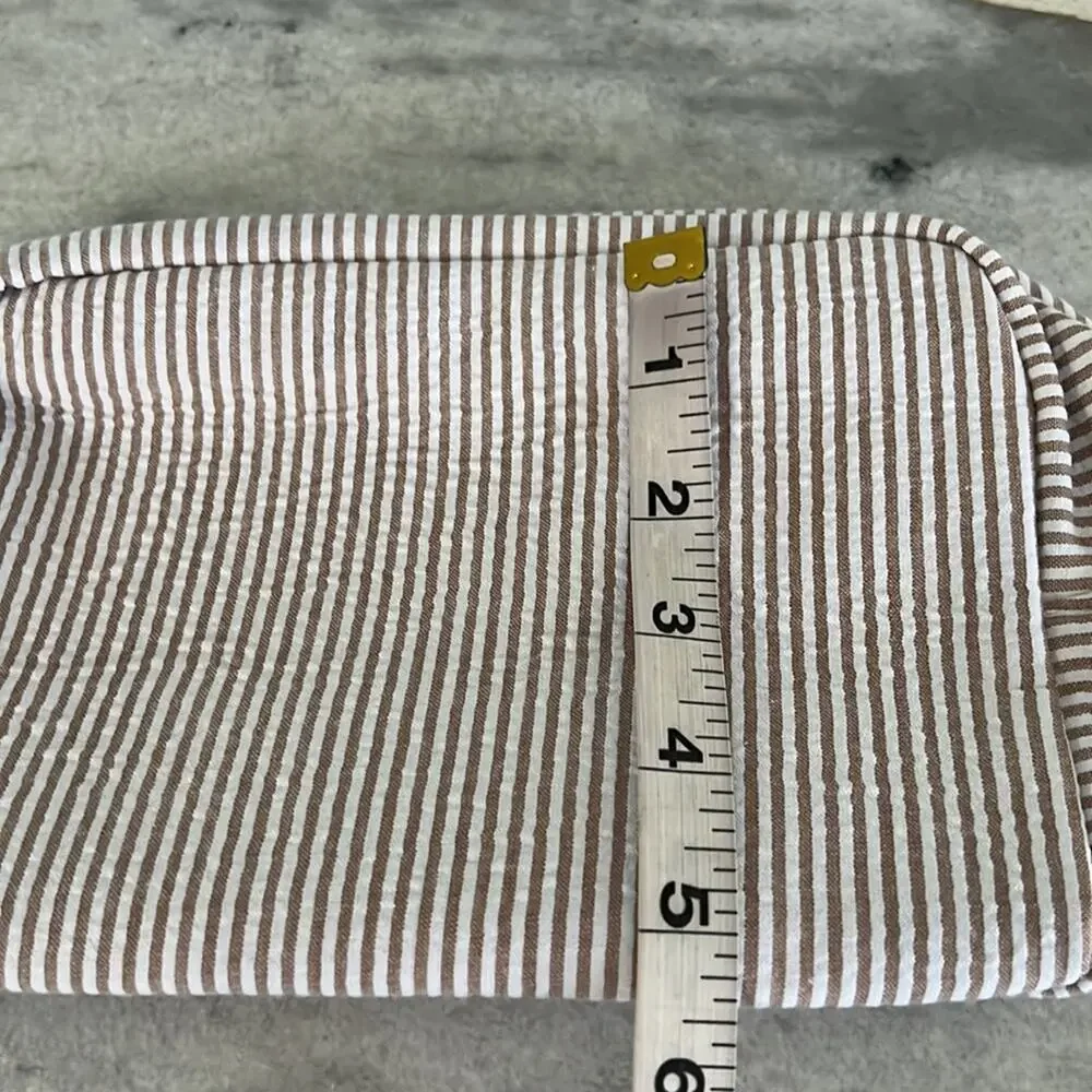 Tan & White Striped Seersucker Travel Cosmetic Bag Zipper Closure